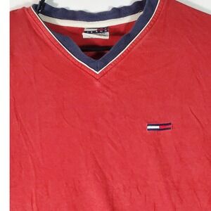 Tommy Hilfiger Jeans Red Long Sleeve V Neck‎ T Shirt Top Womens L G G
